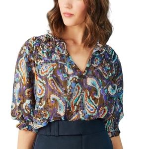 Marie Oliver Silk Metallic Paisley Puff Sleeve Ruffle Tie Neck Blouse - S